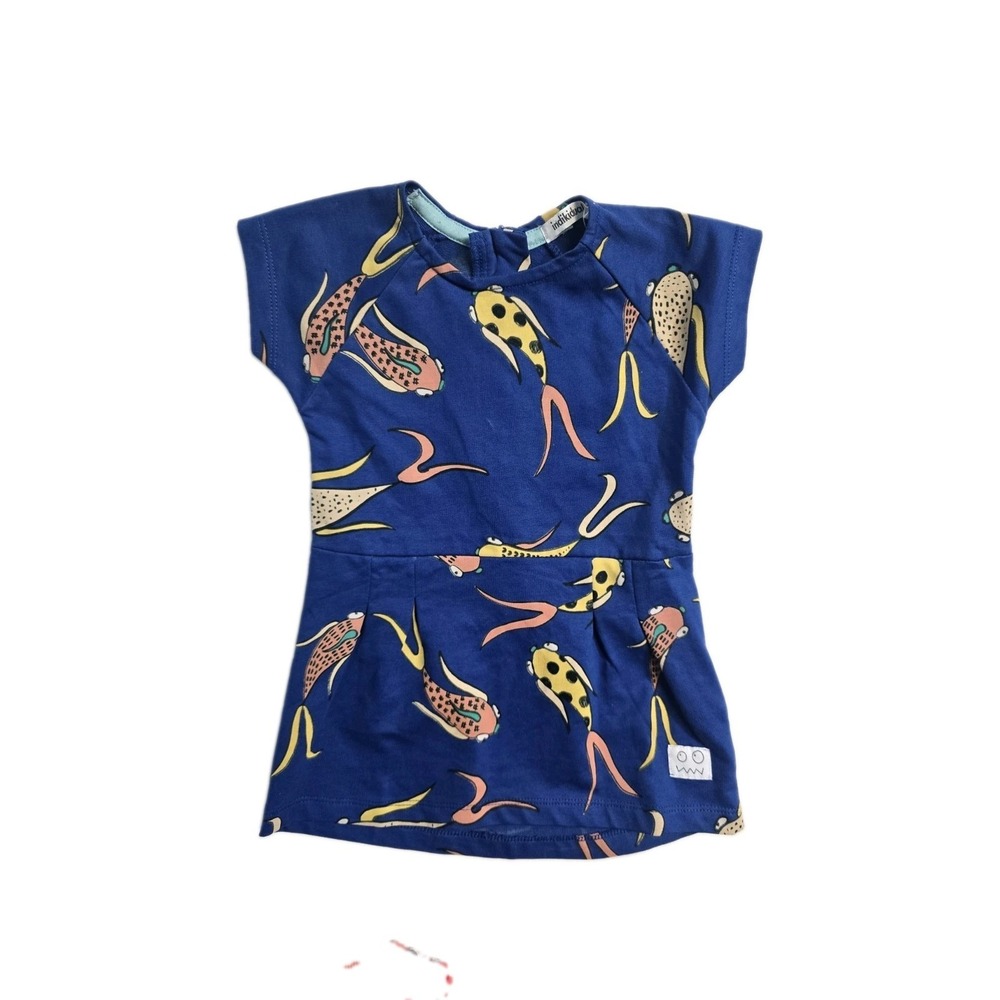 Indikidual Kids Girls  Dress Blue Gold Fish Print   6-12 Months  Organic